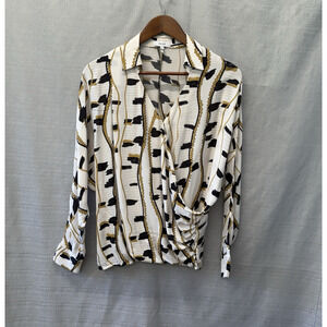 Reiss Blouse Top Womens Size 0 March Print Wrap Front Rouche Old Money Mob Wife